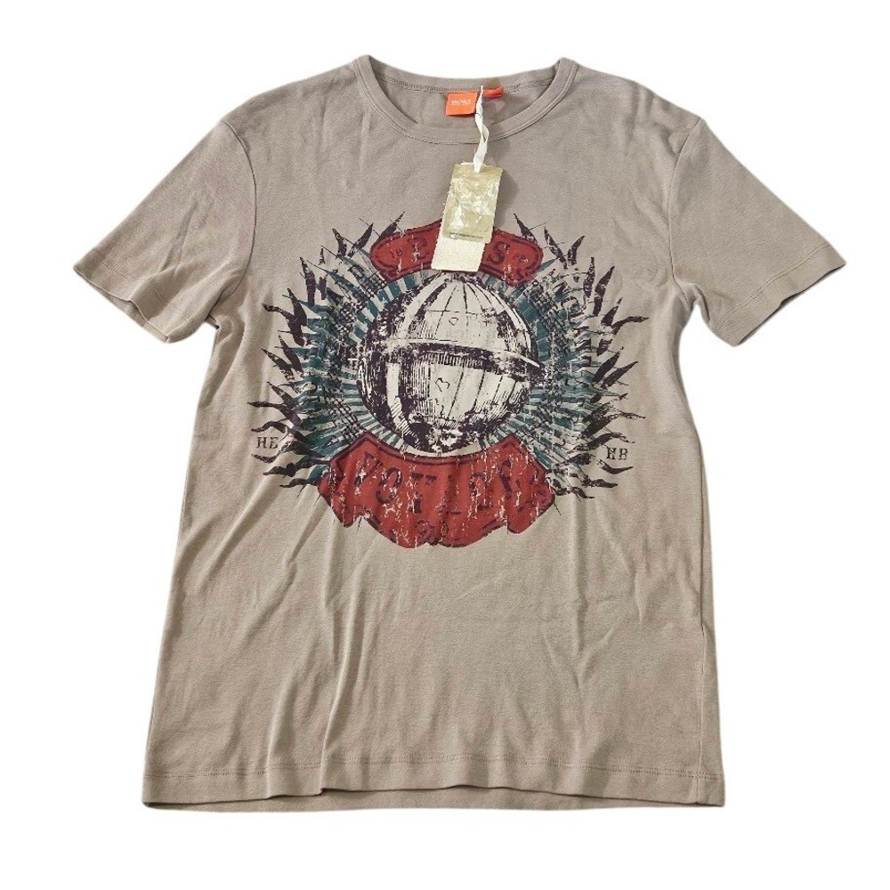 Hugo Boss Orange Label Mens Tan Graphic Globe T-Shirt Large Cotton HB Logo New